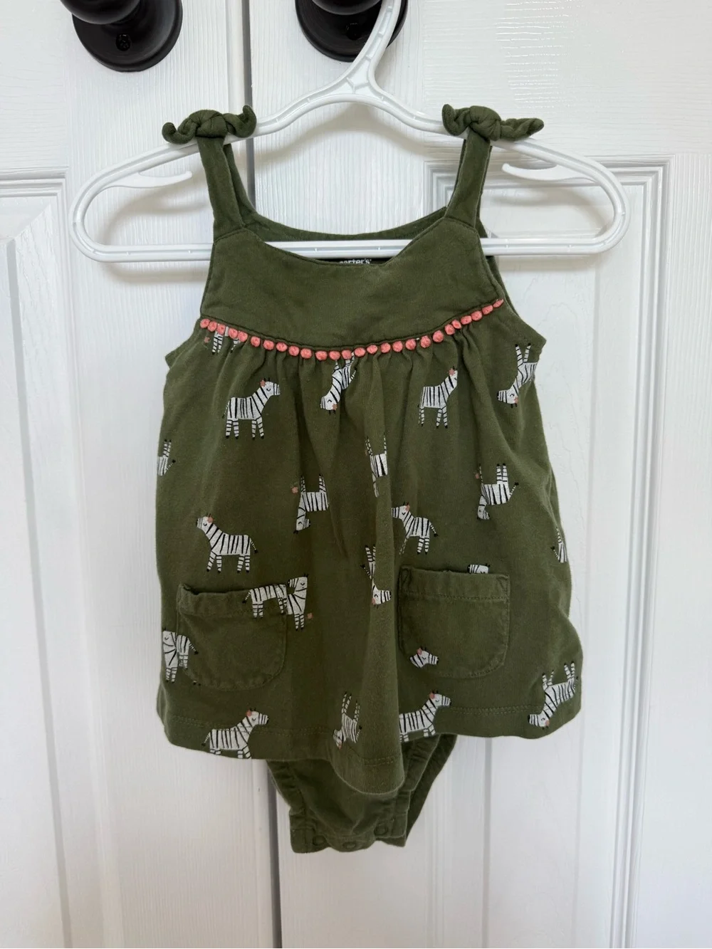 Carter's Olive Green Zebra Print Tie-Shoulder One-Piece
